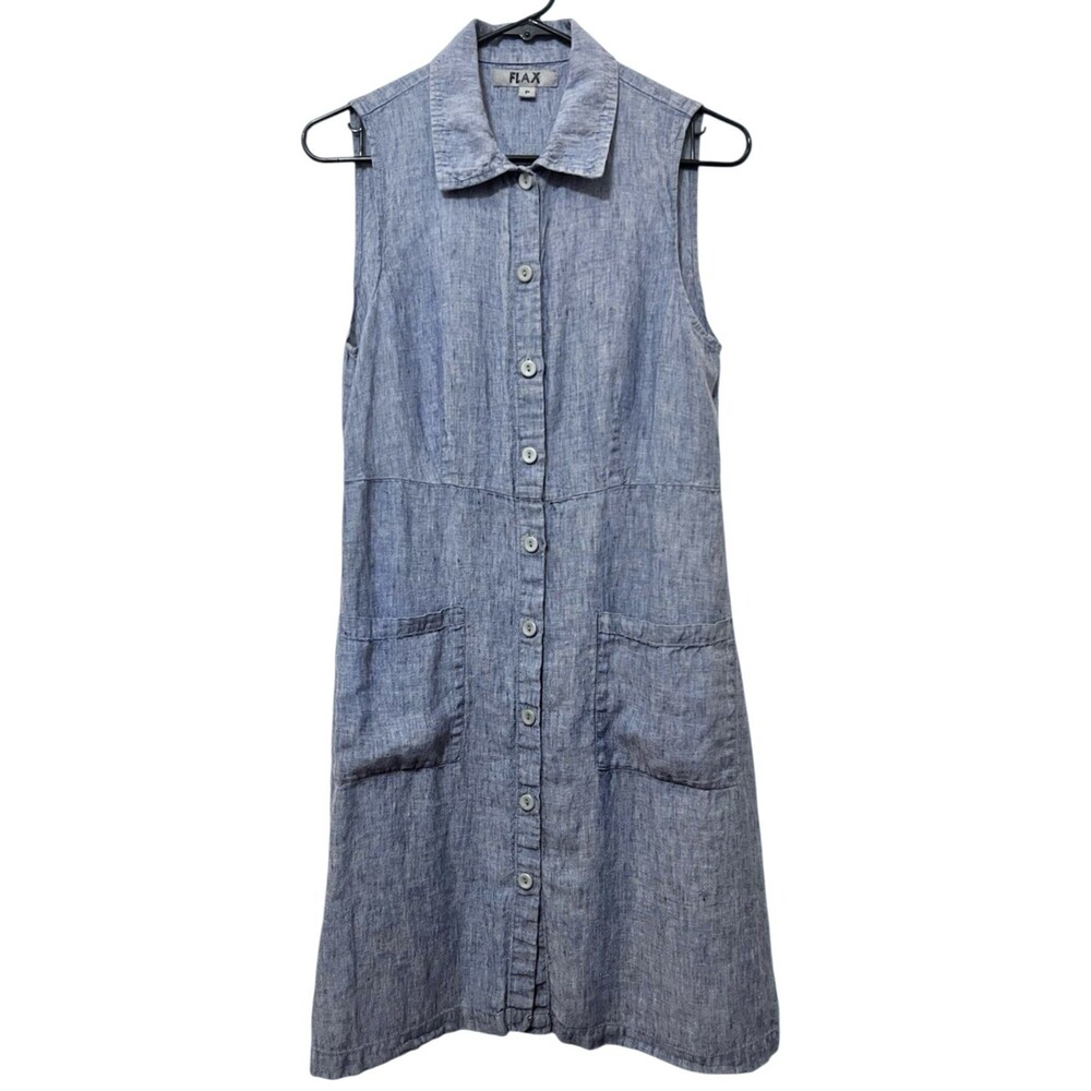 FLAX Blue Linen Sleeveless Button Up Collared Pocket Dress Boho Coastal P (XS)